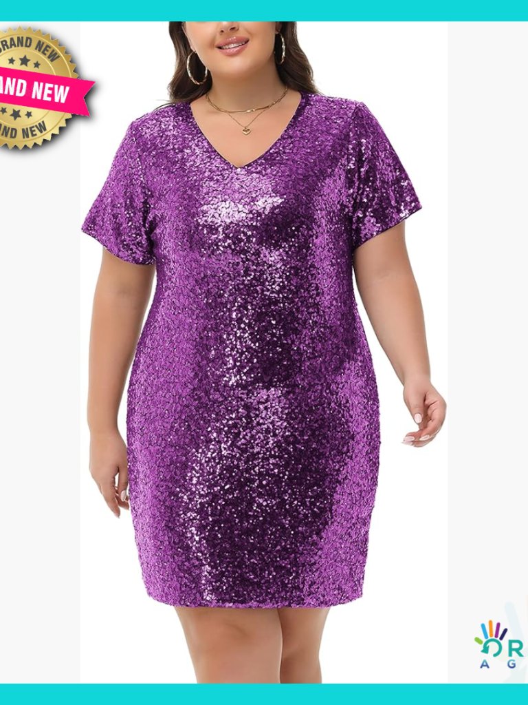 Sequin Shift Dress V Neck Short Sleeve Sparkle Cocktail Party Elegant